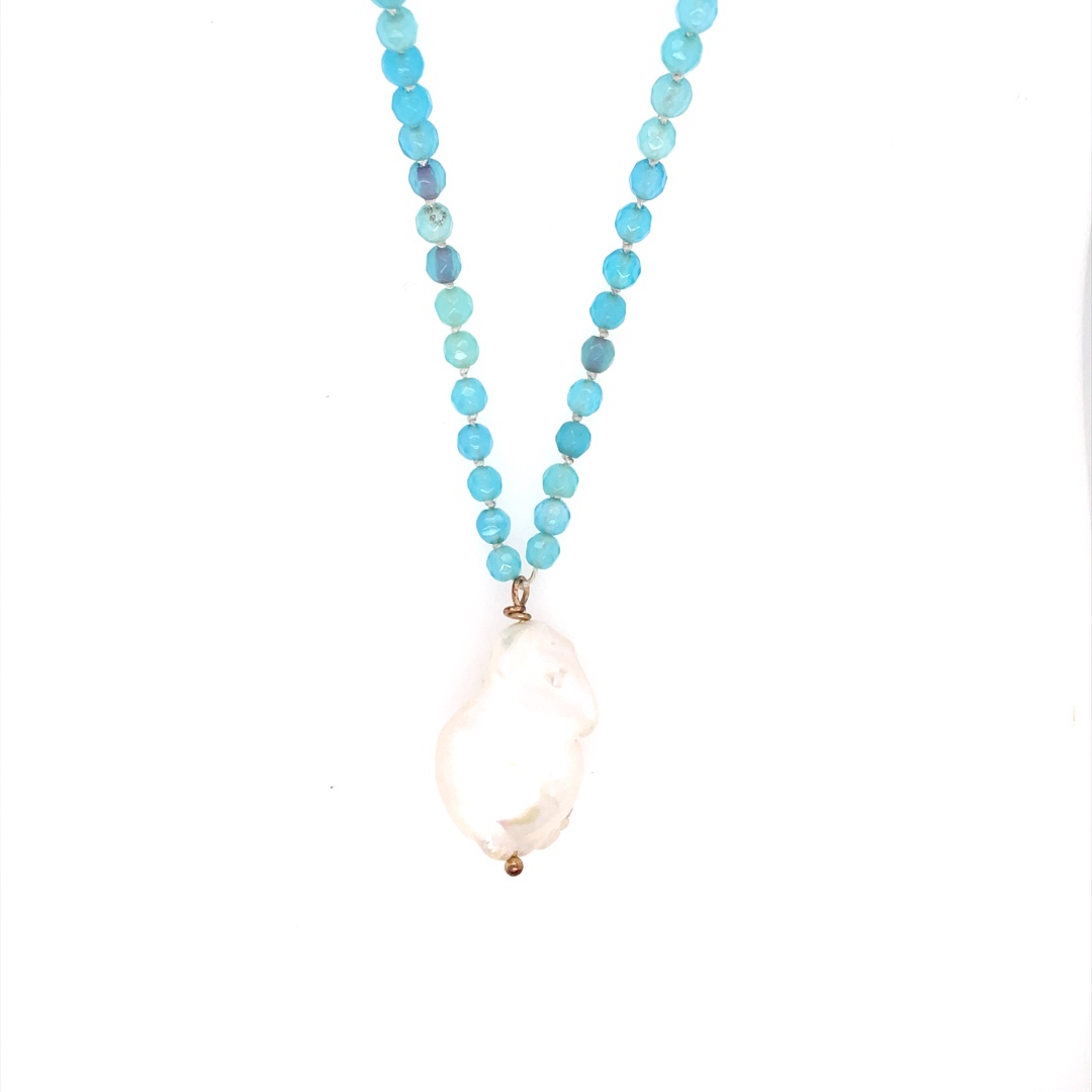 Adjustable Opal Blue Knotted Necklace with Gold Clasp and Baroque Pearl