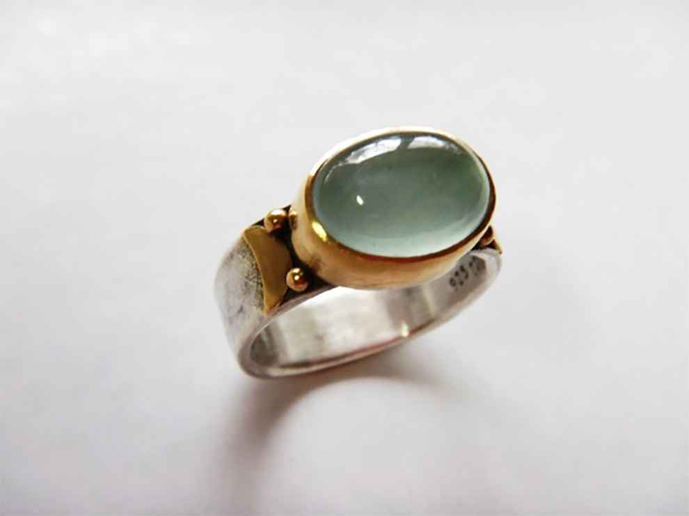 Double Moon Ring Sterling, 22k Gold and Aquamarine, size 8