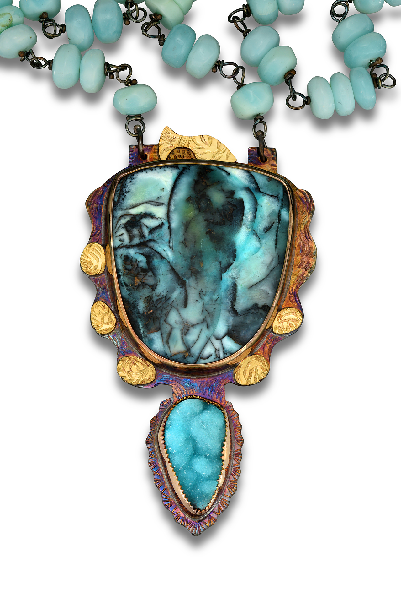 Sterling Silver, 22k Gold, Blue Opal Petrified Wood, and Chrysocolla Druzy Necklace with Peruvian Opal Beads