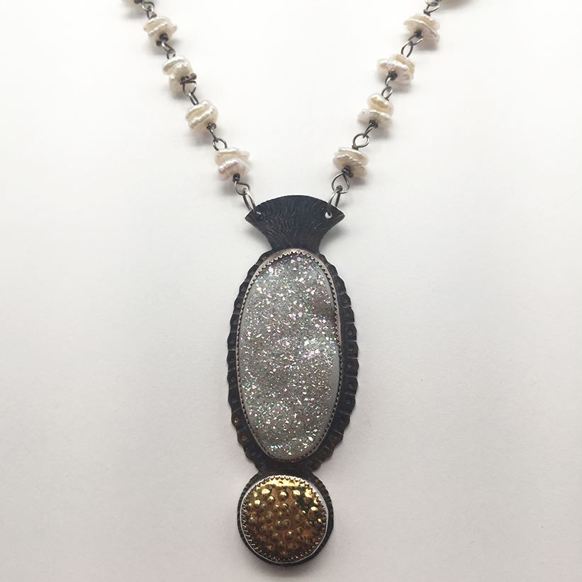 Image 1 for Titanium Plateed Druzy, Pearls, Amethyst, Sterling and 22k Necklace Titanium Plateed Druzy, Pearls, Amethyst, Sterling and 22k Necklace
