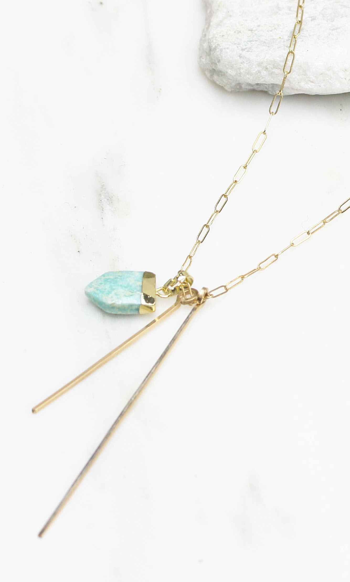 Amazonite Shield Accent Double Bar Short Necklace