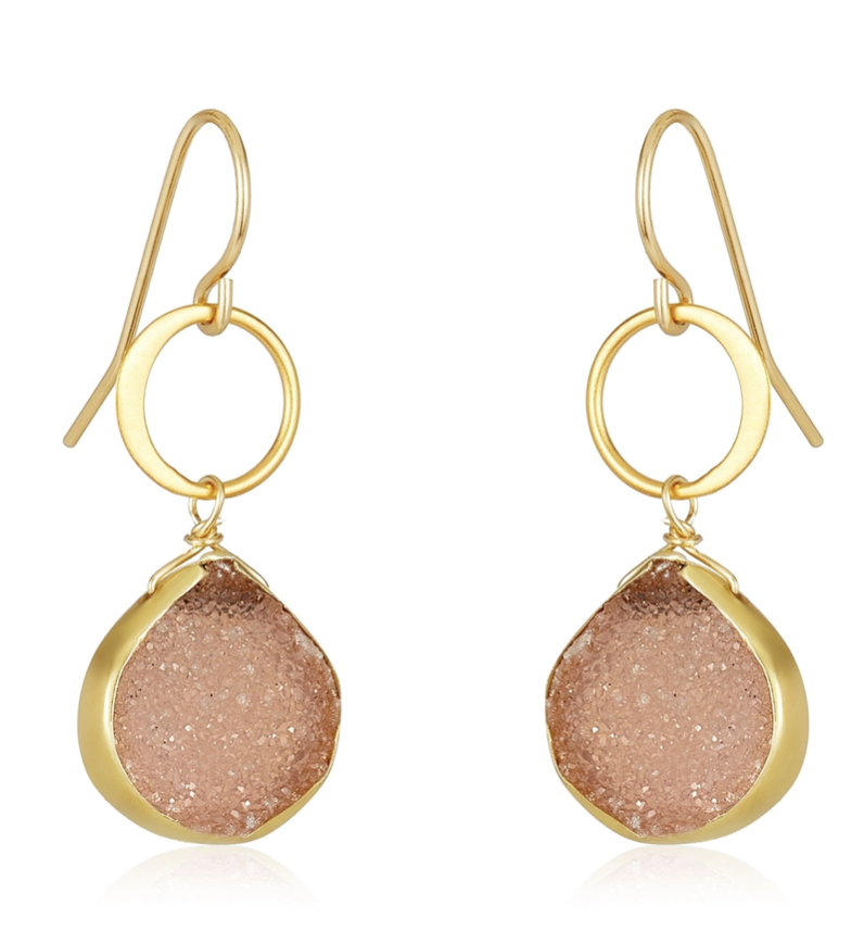 Blue Moon Druzy Earrings, Light Pink - Gold-Filled