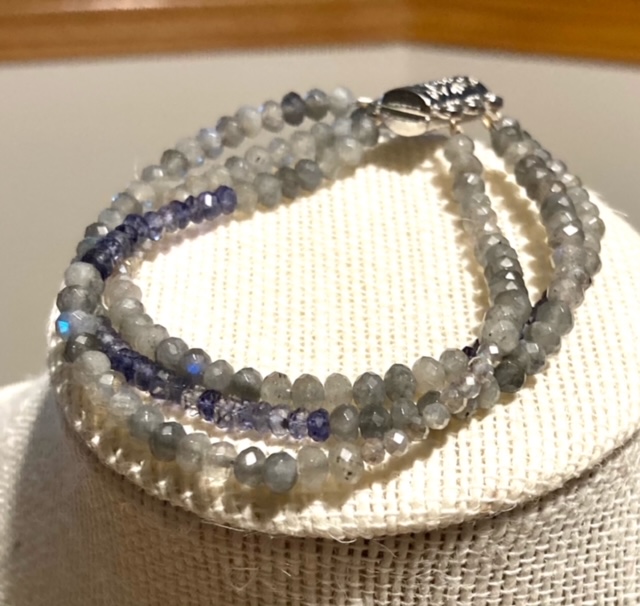 3 Strand Labradorite and Iolite Beaded Bracelet with Silver Magnetic Clasp