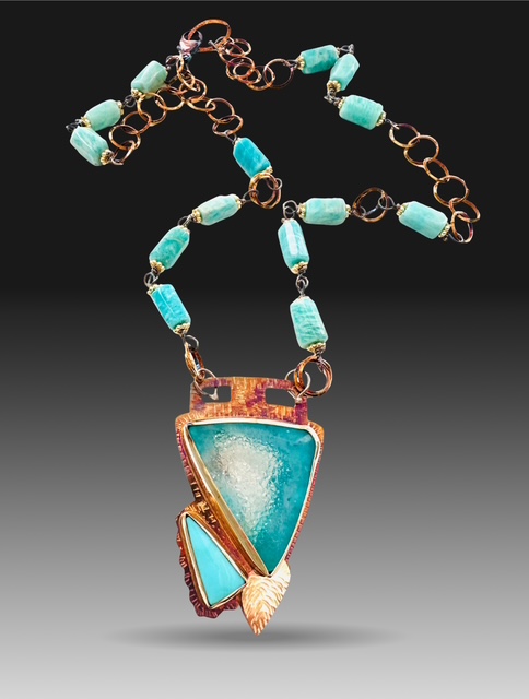 Image 3 for 4 Sterling Silver, Fine Silver Bezels, 18k Gold, Kingman Mine Turquoise, and Chrysocolla Druzy Necklace with Amazonite Beads strung on Sterling Silver, Gold-Filled Spacers Silver Chain, and Lobster Clasp