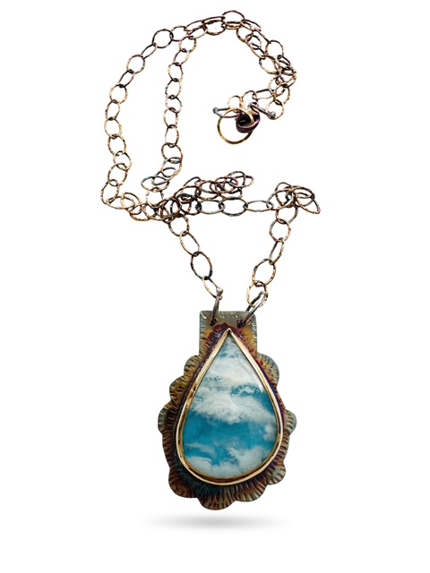 Image 2 for 6 Sterling Silver, Fine Silver Bezel, and Plume Agate over Blue Resin Necklace with Sterling Silver Chain and Lobster Clasp