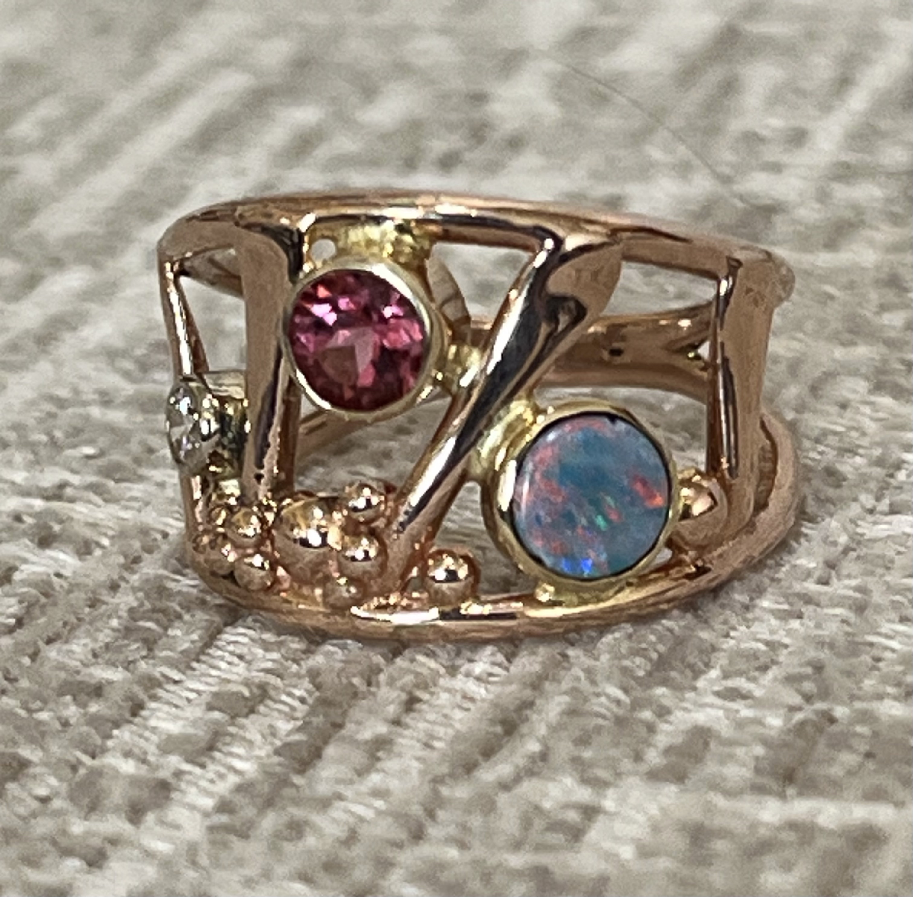 Image of 14 kt Rose Gold, Opal, Pink Tourmaline, and Diamond Ring by  