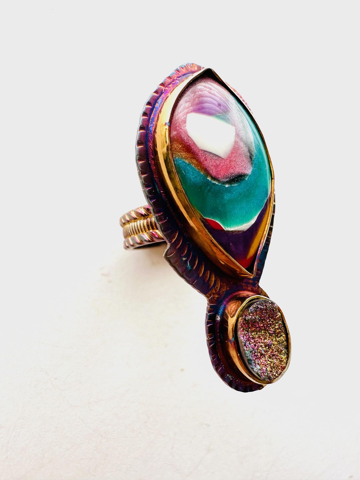 Image 2 for Sterling Silver, Fine Silver Bezels, Surfite, and Pyrite Druzy Ring, Size 7