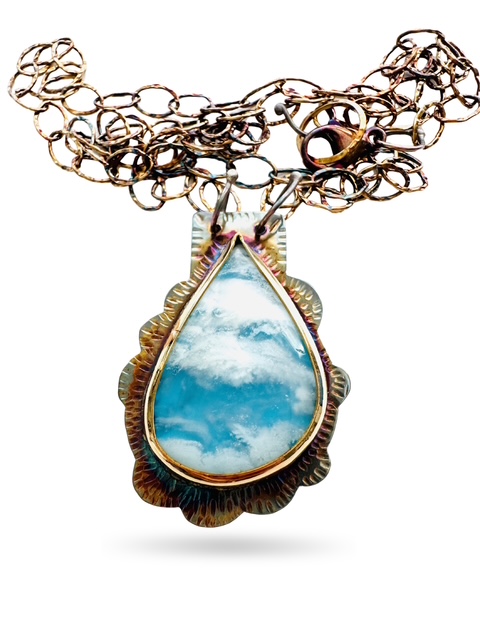 Image of 6 Sterling Silver, Fine Silver Bezel, and Plume Agate over Blue Resin Necklace with Sterling Silver Chain and Lobster Clasp by Julie Shaw