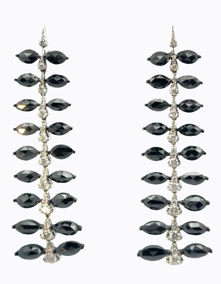 Image of 18 Karat White Gold, Black and White Diamond Earrings in Leaf Dangle Motif by Marcia McDonough