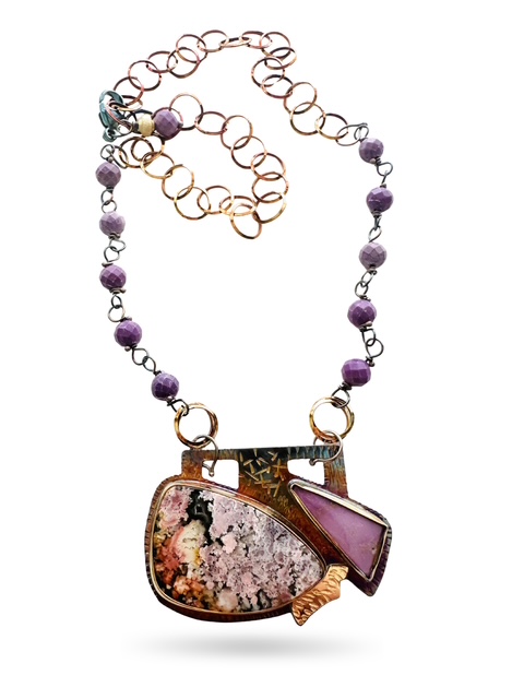 Image 2 for 3 Sterling Silver, Fine Silver Bezels, 18k Gold, Phosphosiderite, and Feather Ridge Plume Agate Laminated to Austrailan Black Jade Necklace with Phosphosiderite Beads, Sterling Silver Chain and Lobster Clasp