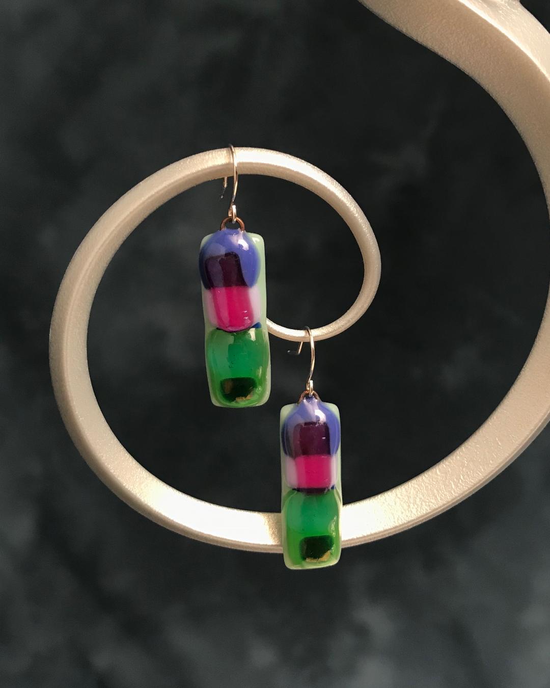 Fused Glass Green/Blue/Pink Earrings with Silver Plated Wires
