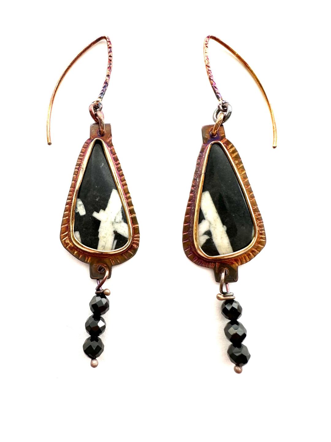 Sterling Silver, Fine Silver Bezels, and Chinese Writing Stone Earrings with Onyx Bead Dangles and Sterling French Hooks