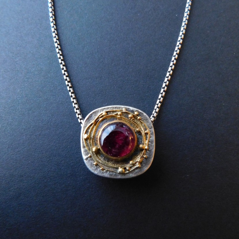 Red Tourmaline Necklace Sterling Silver, 22k Gold, Red Tourmaline, 10mm round, 3.6ct, 18