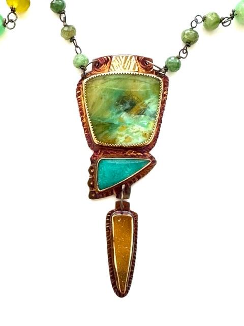 Sterling Silver, 18k Gold, Fine Silver Bezels, Blue Opal Petrified Wood, Turquoise, and Natural Druzy Necklace with Chrysoprase, Peridot, Green Garnet, and Agate Beads