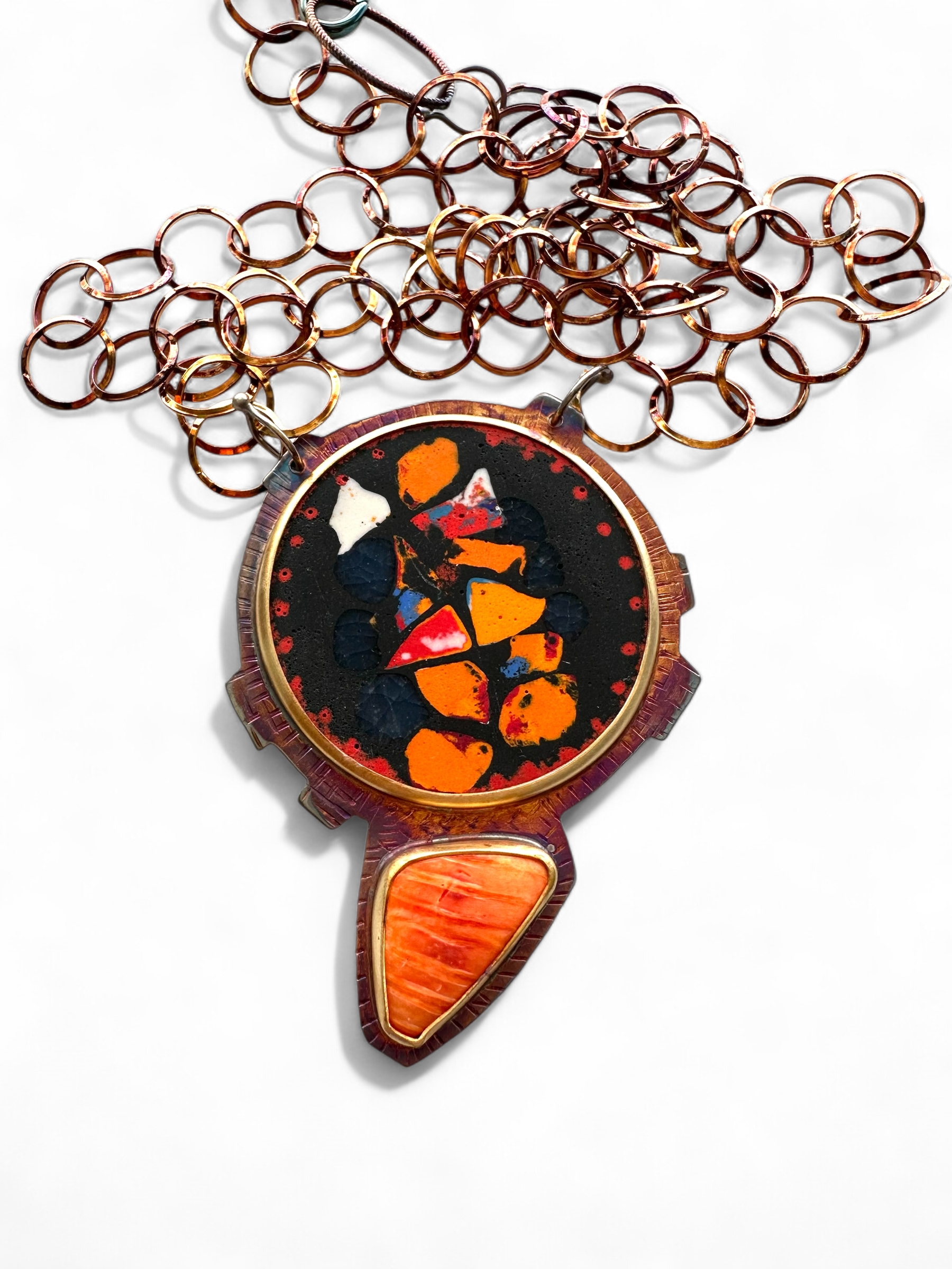 Image 1 for 7 Sterling Silver, Fine Silver Bezels, Spiney Oyster, and Matte Enamel Necklace on a Sterling Silver Chain with a Lobster Clasp