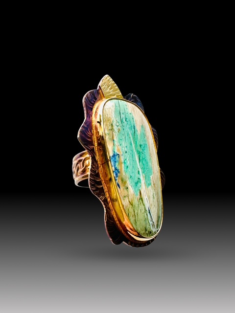 Image 2 for 2 Sterling Silver, Fine Silver Bezel, 18k Gold, and Colla Wood Ring - Size 7.5