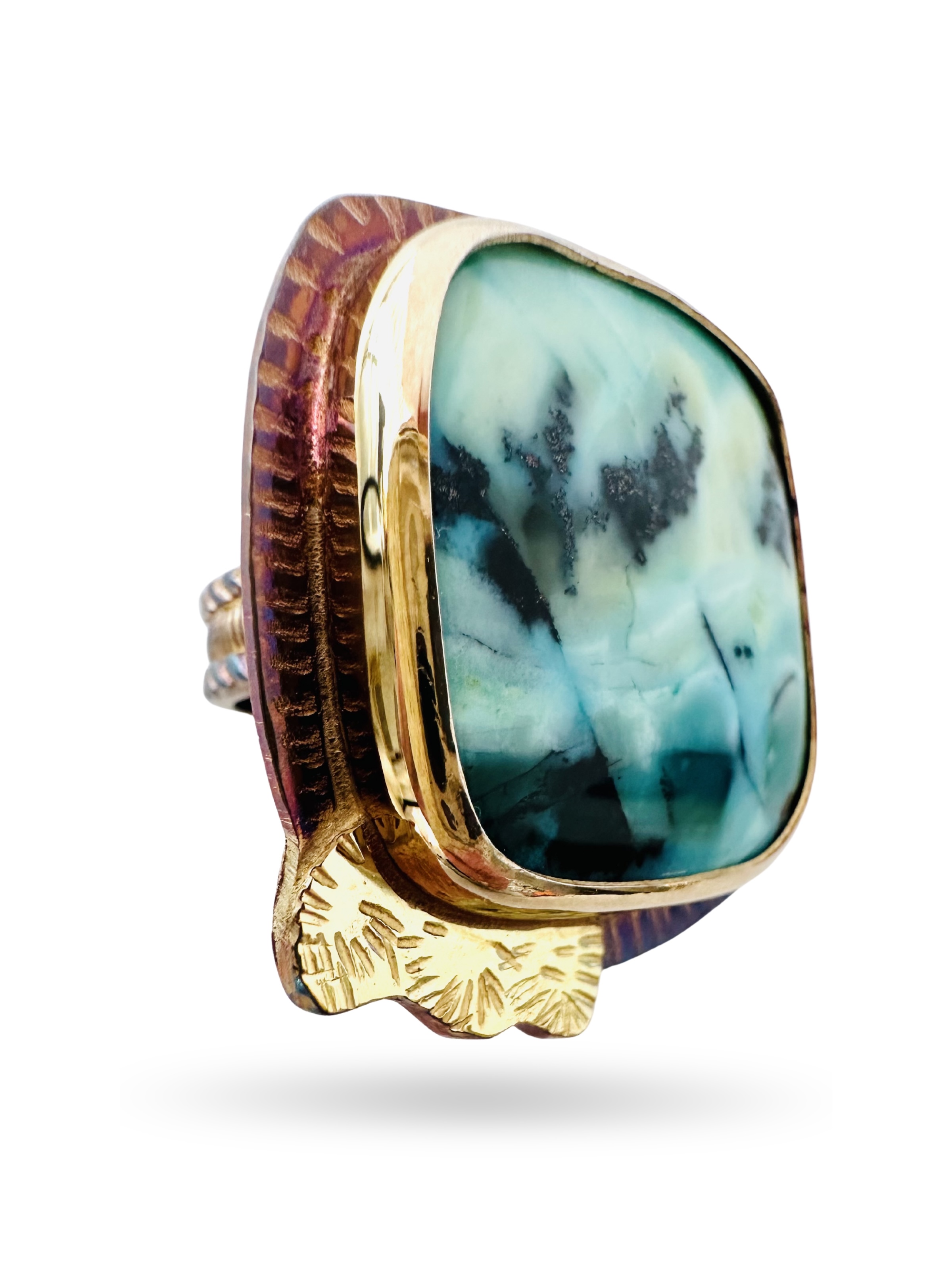 Image 2 for 1 Sterling Silver, Fine Silver Bezel, 18k Gold, and Petrified Opal Wood Ring, Size 8