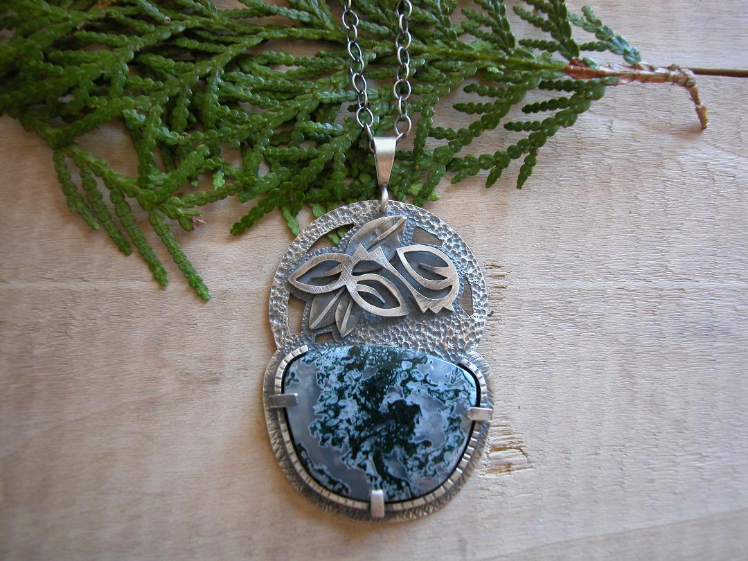 Leaves Necklace, Sterling, Reclaimed SS, Moss Lace Agate