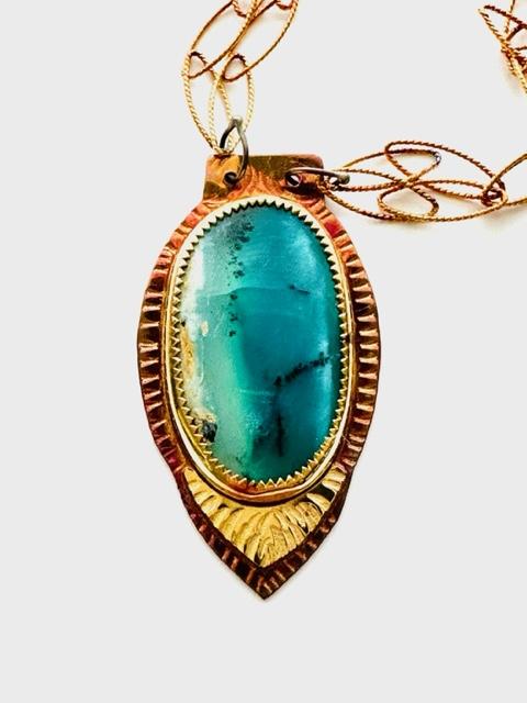 Sterling Silver, 18k Gold, and Blue Opal Wood Necklace on Sterling Silver Chain