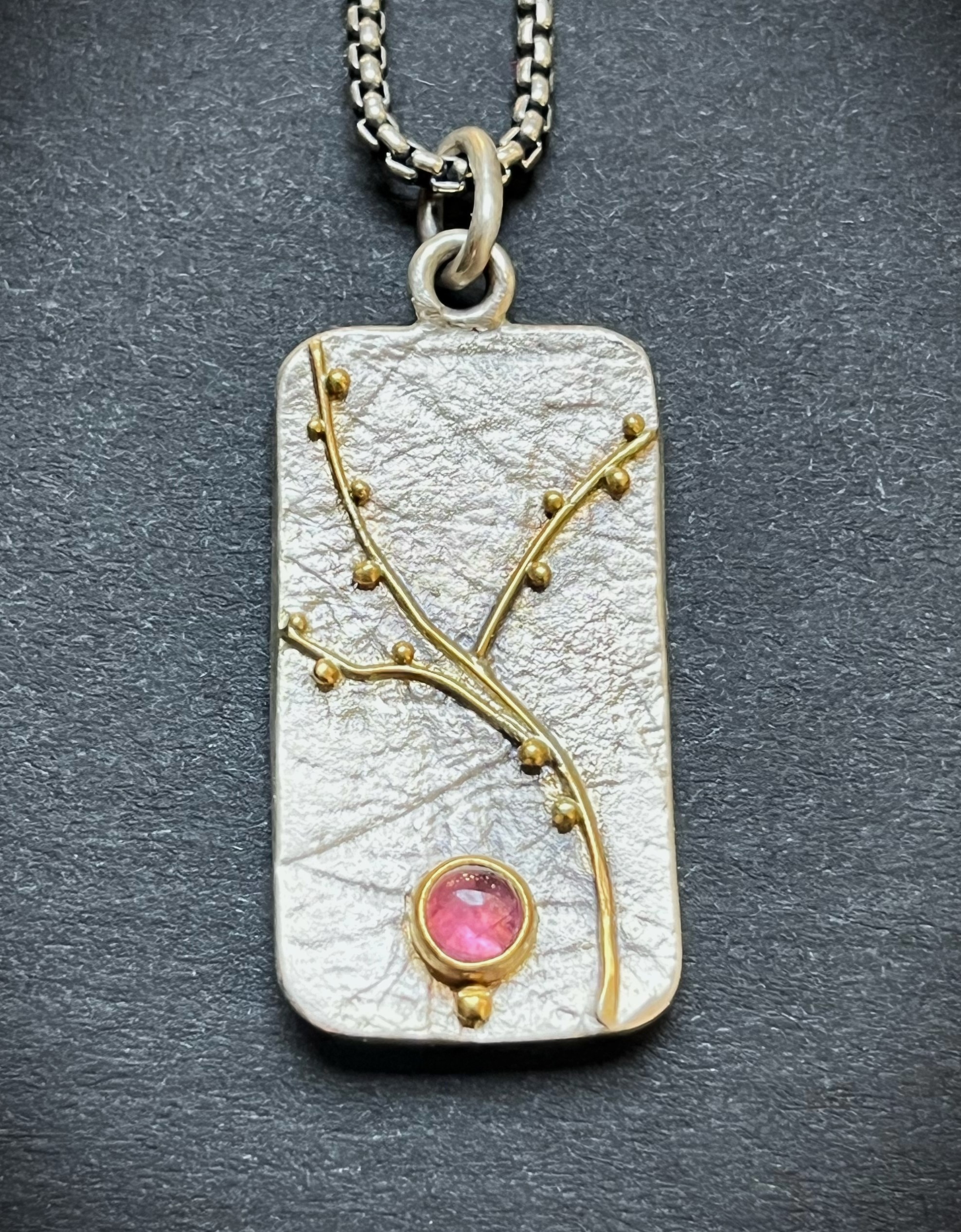Botany Necklace 25x18 mm Sterling Silver, 22k GoldPink Tourmaline 4mm diameter 18” rounded box chain