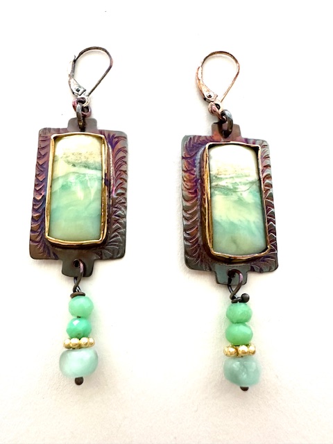 Image of Sterling Silver, Fine Silver Bezels, Blue Opal Wood, Amazonite Beads, and Chrysocolla Earrings with Lever by Julie Shaw