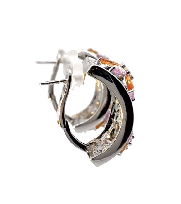 Image 4 for 18 Karat White Gold Fancy Diamond and Fancy Sapphire Fat Hoops with Floral Motif