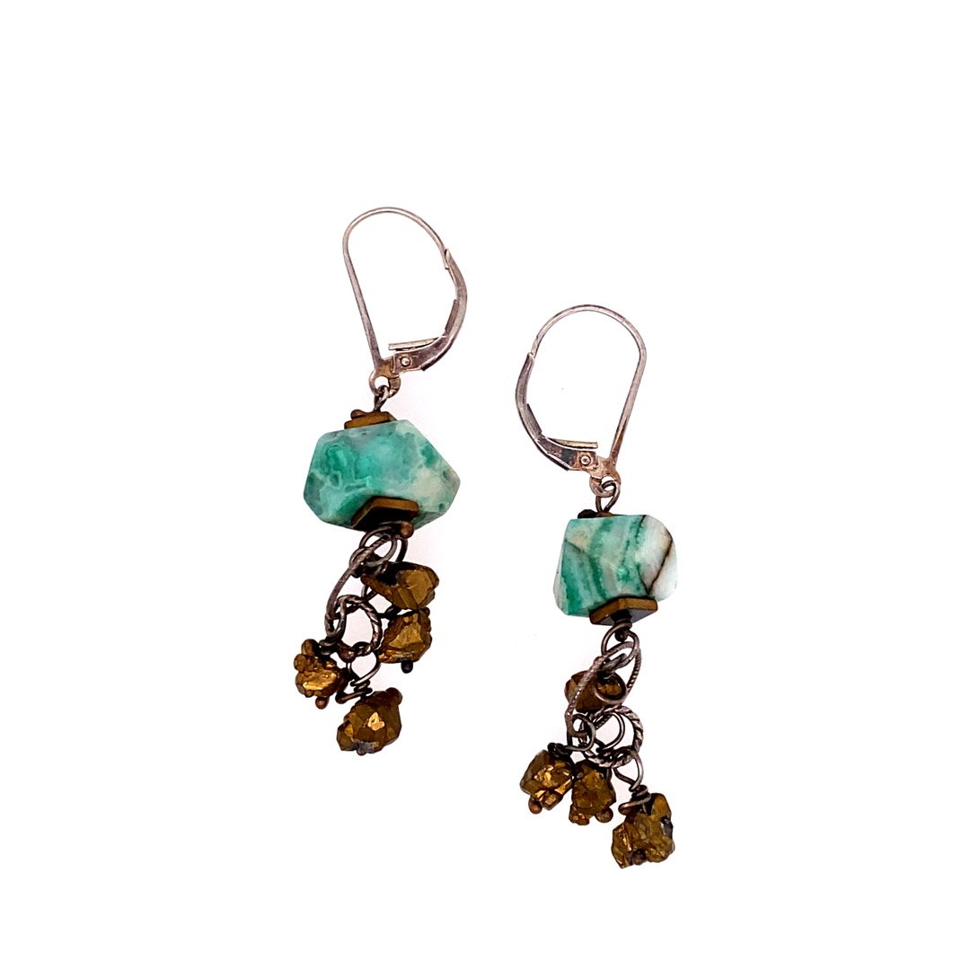 Green and Golden Bead Dangle Earrings