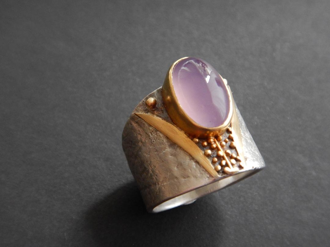 Botany Ring with Sterling Silver, 22k Gold, Lavender Chalcedony 5.3ct  - Size 7.5