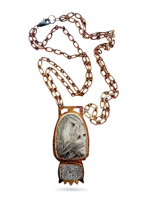 Image 2 for 5 Sterling Silver, Fine Silver Bezels, 18k Gold, Silver Mist Druzy, and Lattice Lace Agate Necklace with Sterling Silver Chain and Revolving Lobster Clasp