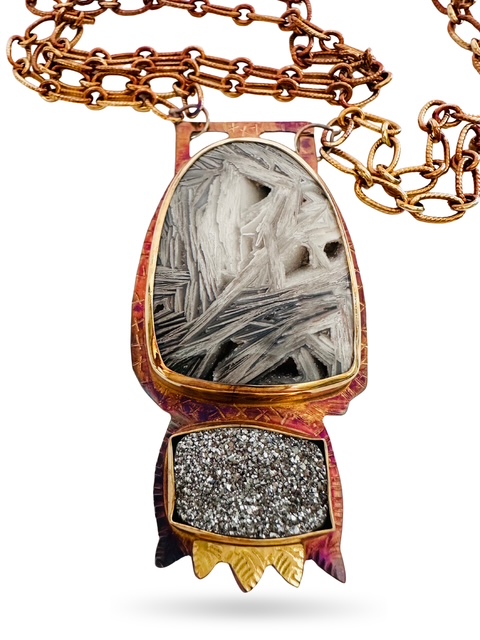 Image of 5 Sterling Silver, Fine Silver Bezels, 18k Gold, Silver Mist Druzy, and Lattice Lace Agate Necklace with Sterling Silver Chain and Revolving Lobster Clasp by Julie Shaw
