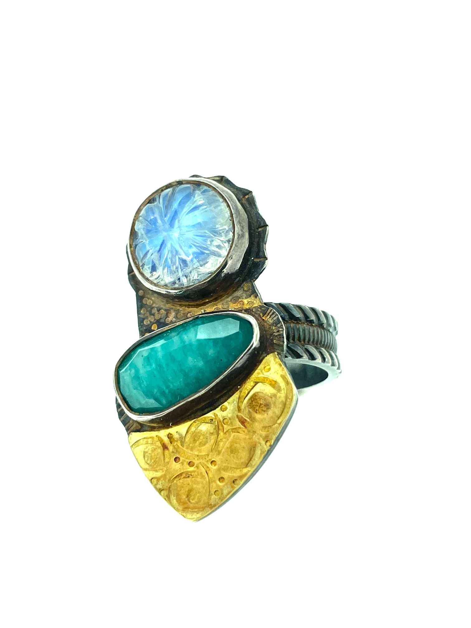 Sterling Silver, 22k Gold, Faceted Amazonite, Rainbow Moonstone Ring - Size 6 3/4