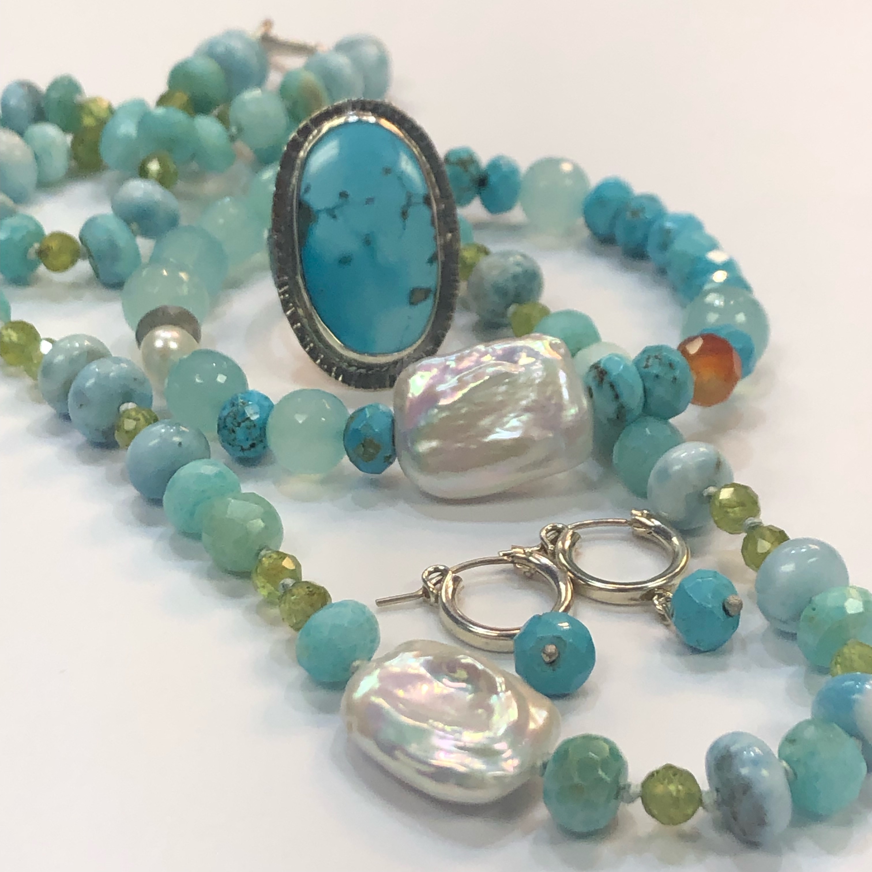 Turquoise, Pearl, Carnelian, Chalcedony Bracelet on Elastic, 8