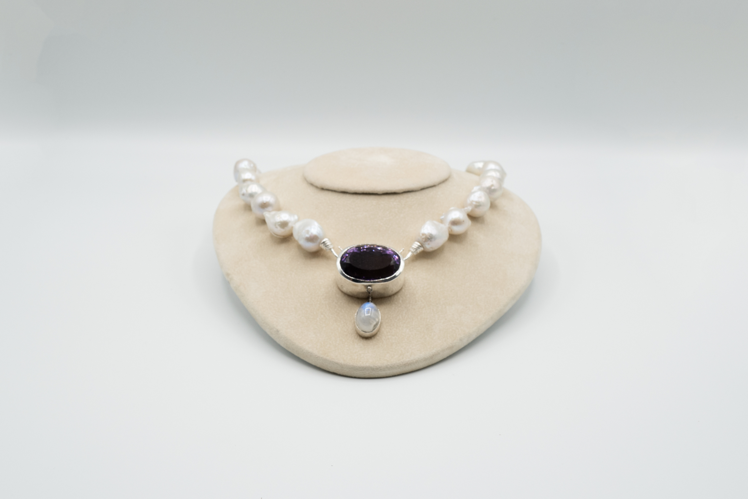 Large Amethyst and Moonstone Centerpiece, with Lacquered Sterling Silver Mounting