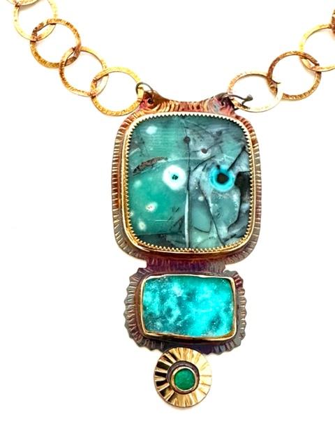 Sterling Silver, 18k Gold, Blue Opal Petrified Wood, Chrysocolla Druzy, and Opal Necklace