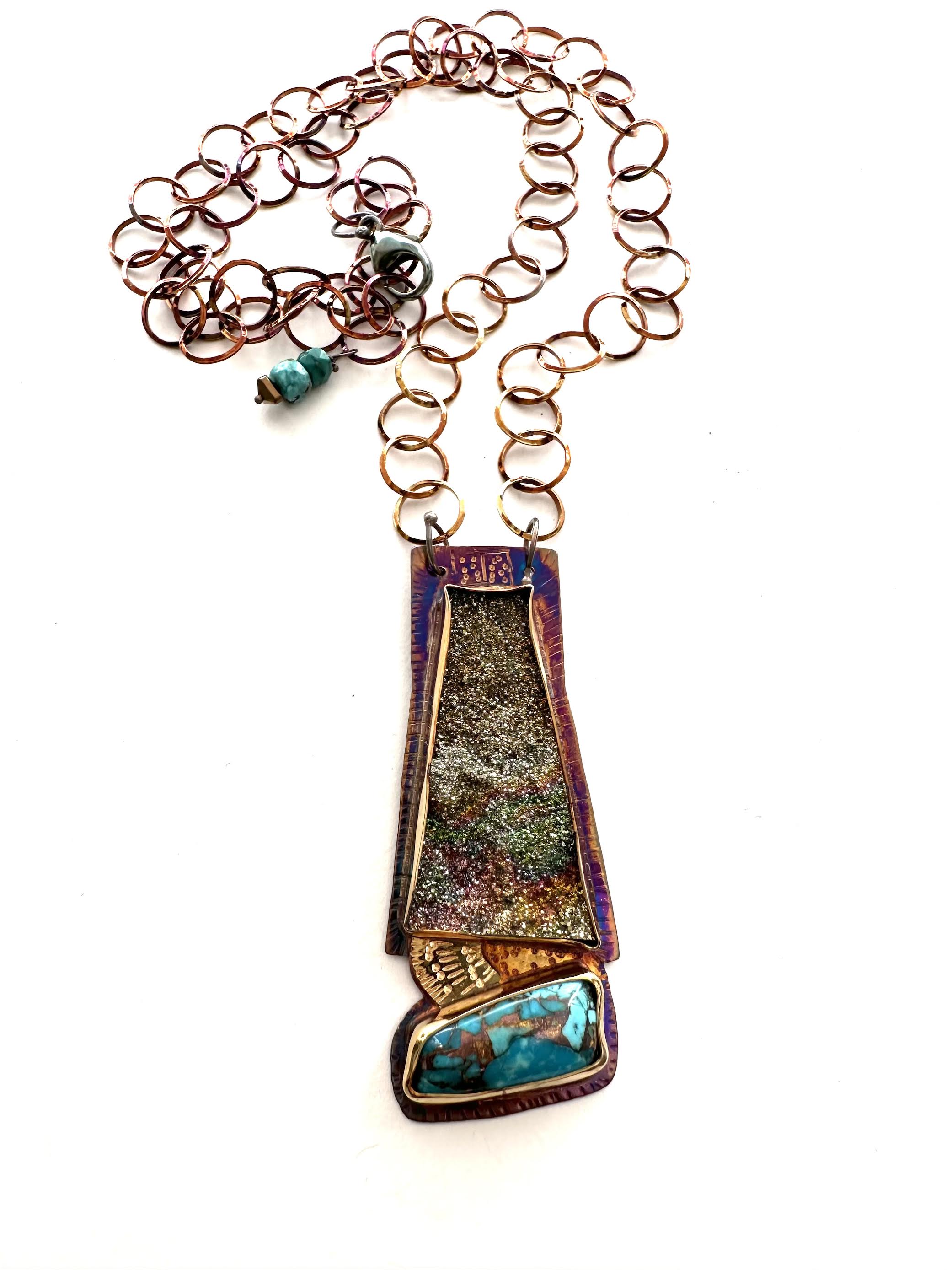 Image 2 for Sterling Silver, Fine Silver Bezels, 18k Gold, Rainbow Pyrite Druzy, and Mosaic Turquoise Necklace on Sterling Silver Chain with Lobster Clasp