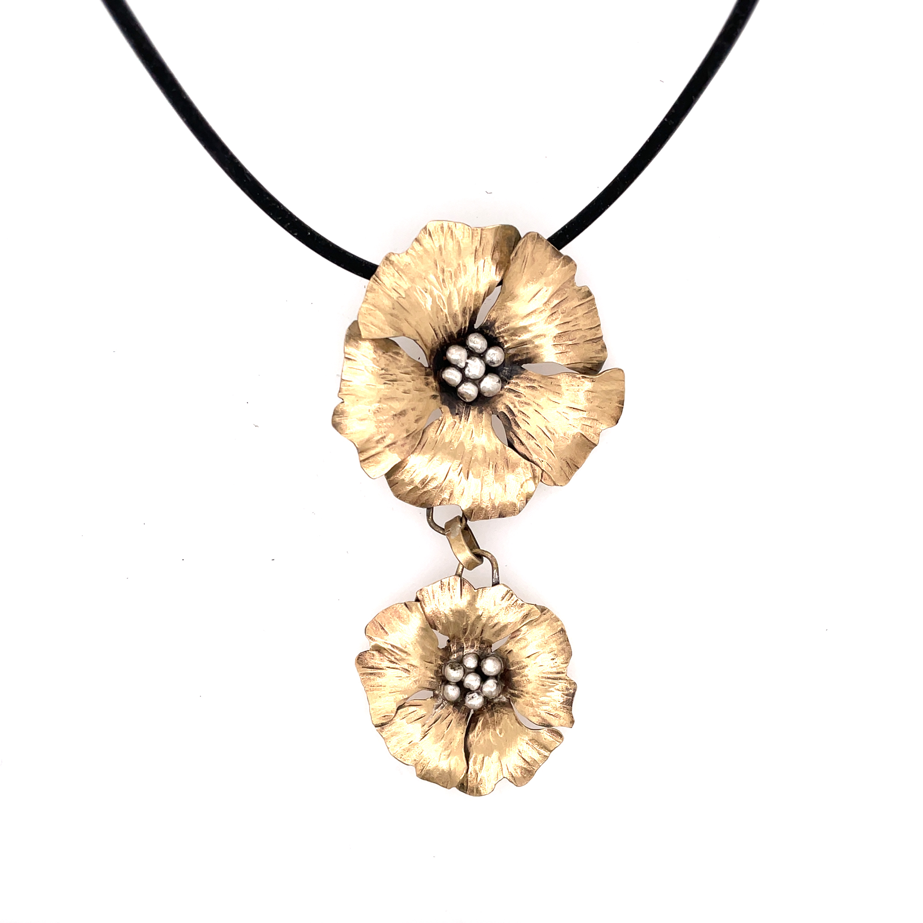 Large and Small Poppy Pendant - Brass and Silver on Rubber Neck