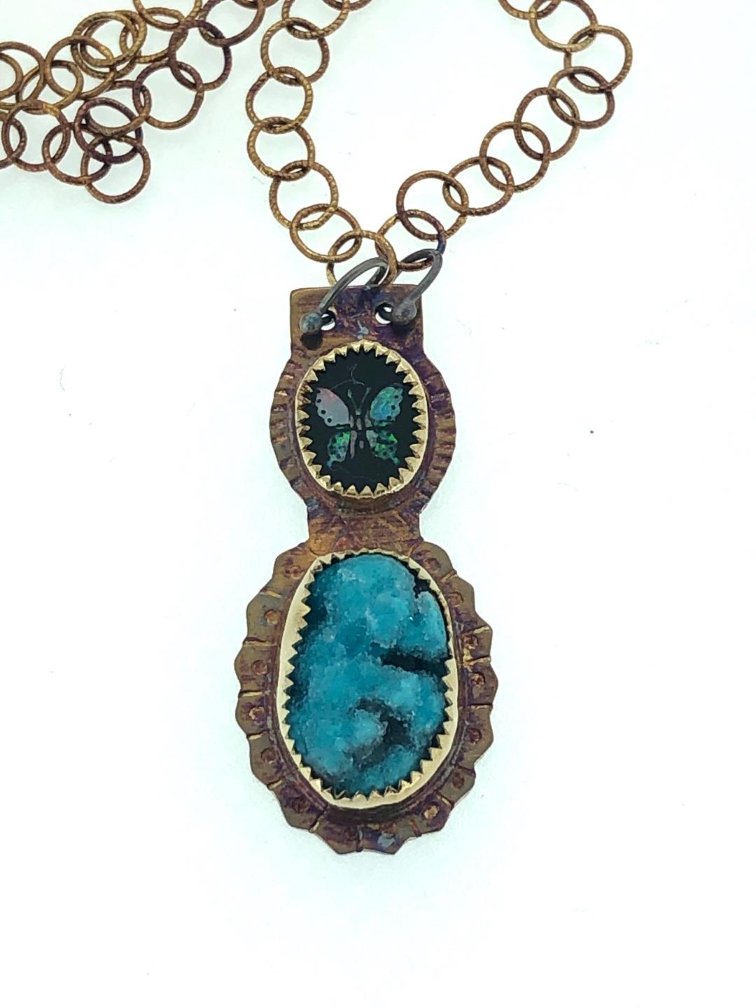 Image 1 for Butterfly Necklace in s/s, mosaic opal, vintage stone with chrysocolla druzy. Total length 20.5 Butterfly Necklace in s/s, mosaic opal, vintage stone with chrysocolla druzy. Total length 20.5