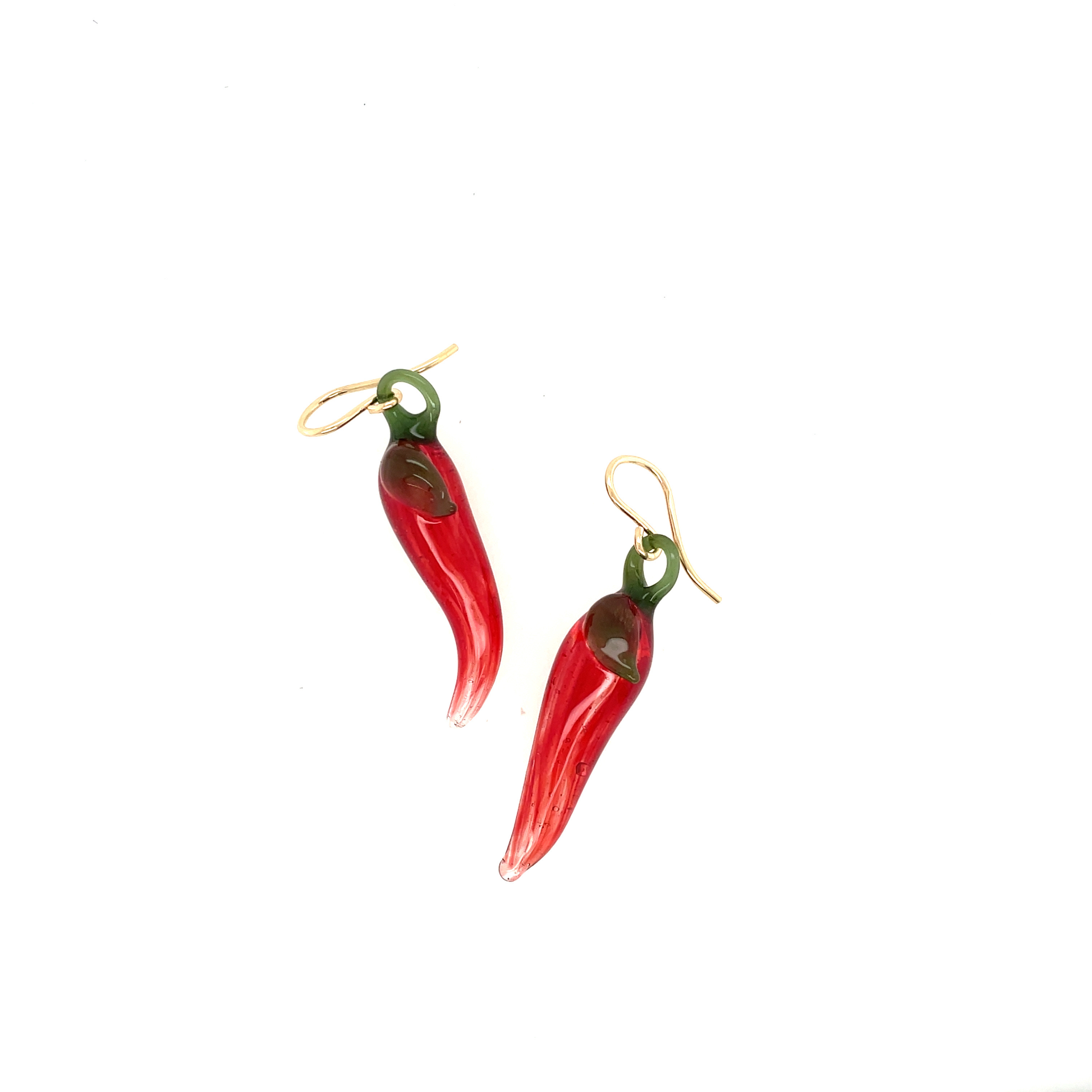 Chile Pepper with Green Leaves Earrings on Sterling Silver Wires