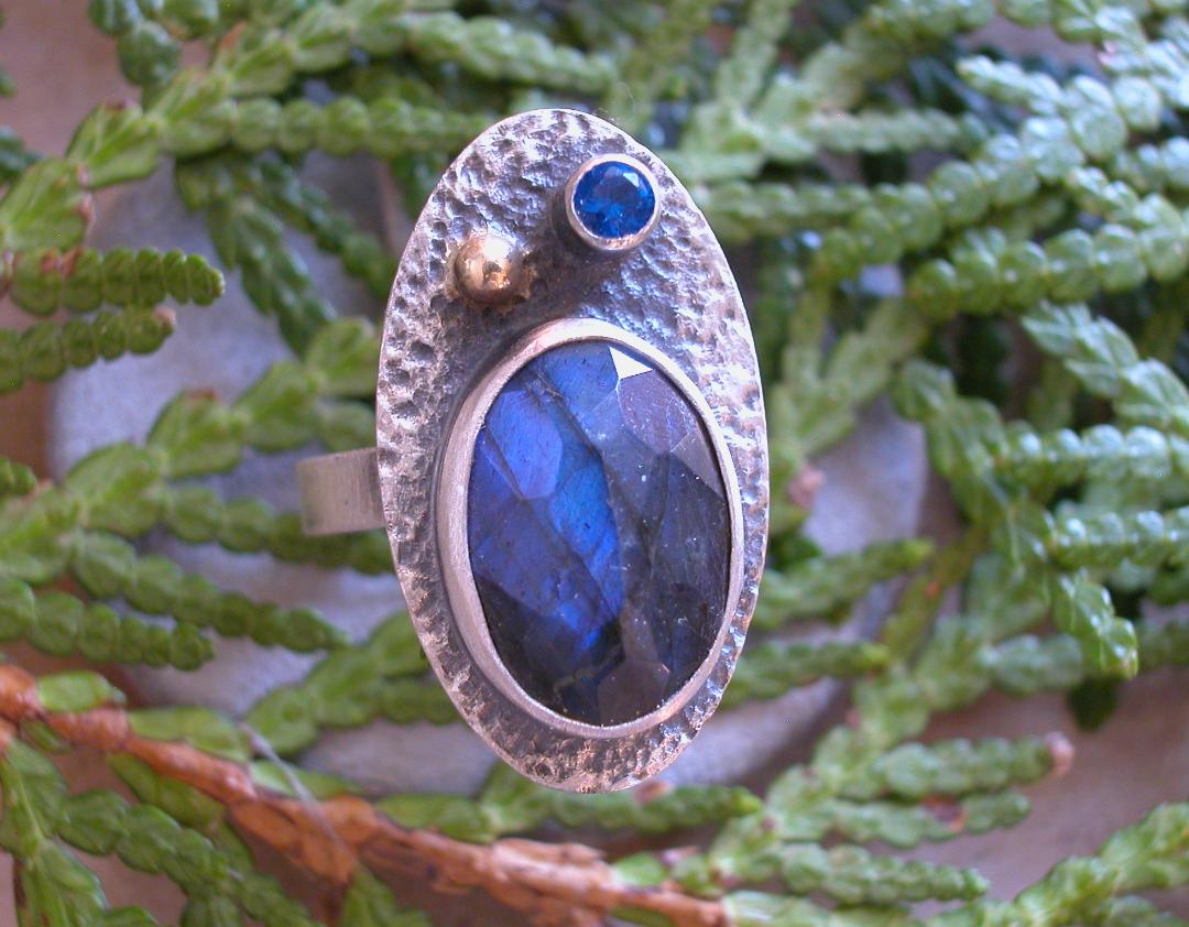 Labradorite Ring, Sterling, 14K Gold, Faceted Labradorite and Blue Sapphire