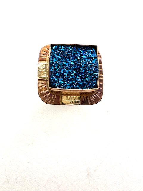 Image of Sterling Silver, Fine Silver Bezel, 18k Gold, and Electric Blue Druzy Ring - Size 7 by Julie Shaw