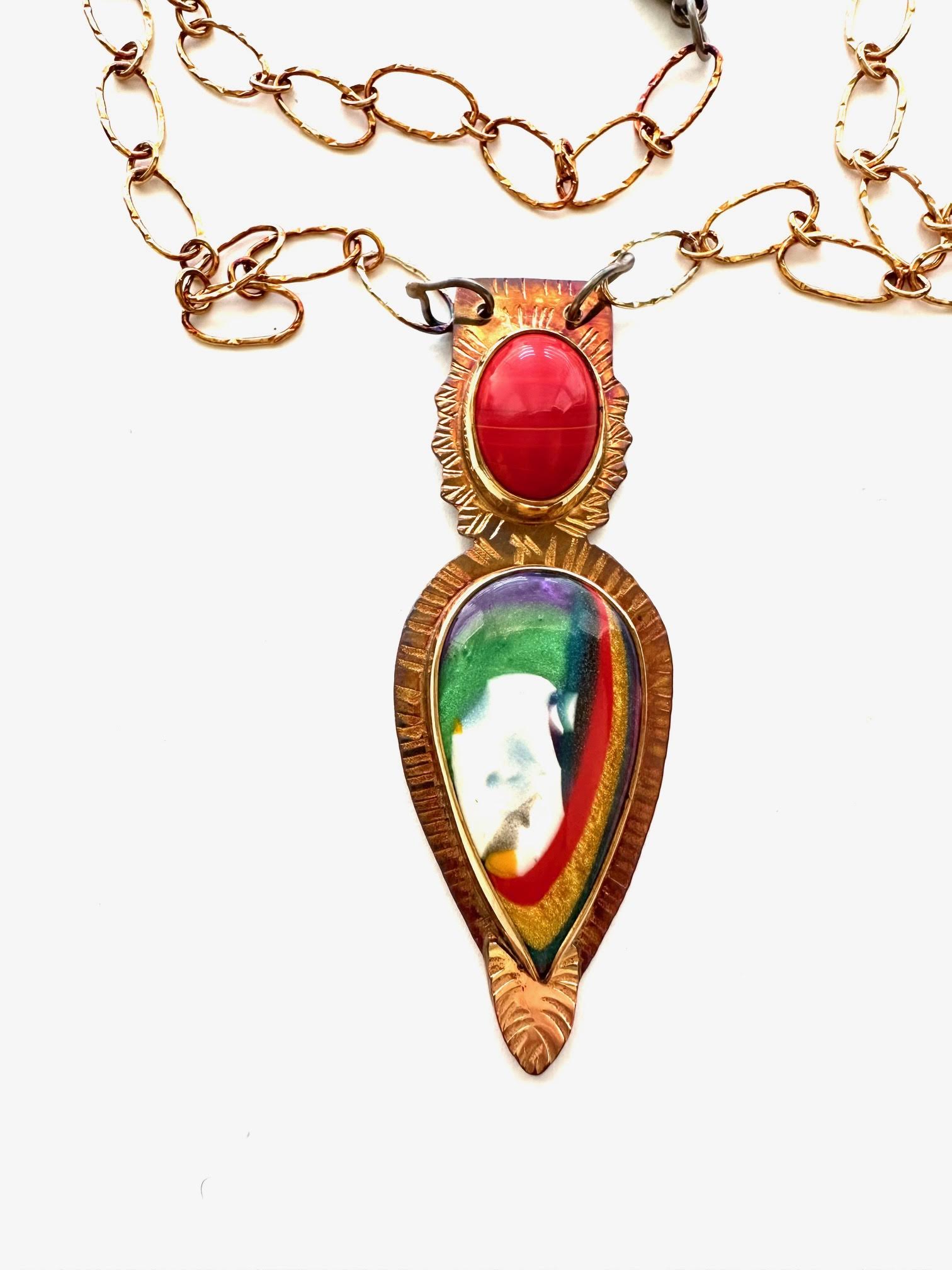 Image of Sterling Silver, Fine Silver Bezels, 18k Gold, Rosarita Glass, and Surfite Necklace with Sterling Silver Chain and Lobster Clasp by Julie Shaw