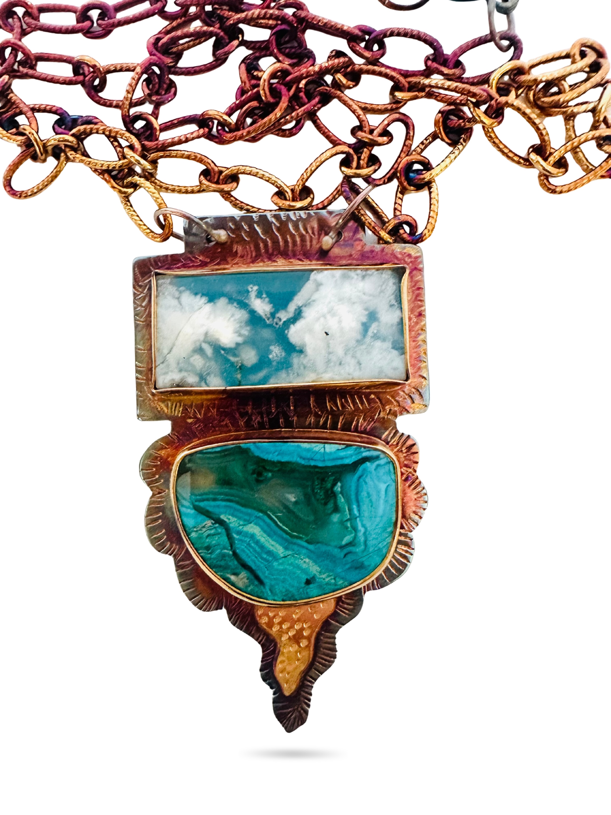 Image of 6 Sterling Silver, Fine Silver Bezels, 18k Gold, Plume Agate on top of Blue Resin and Chrysocolla/Malachite Necklace with Sterling Silver Chain and Lobster Clasp by Julie Shaw