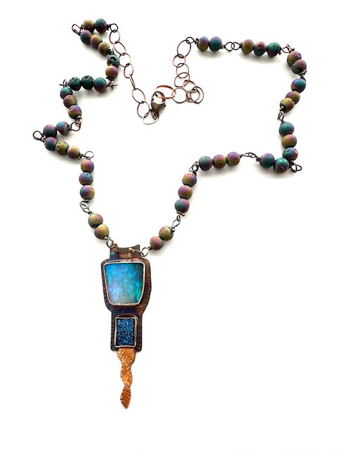 Image of Sterling Silver, 18k, fine silver bezels, boulder opal, electric blue druzy, plated druzy beads necklace, 22