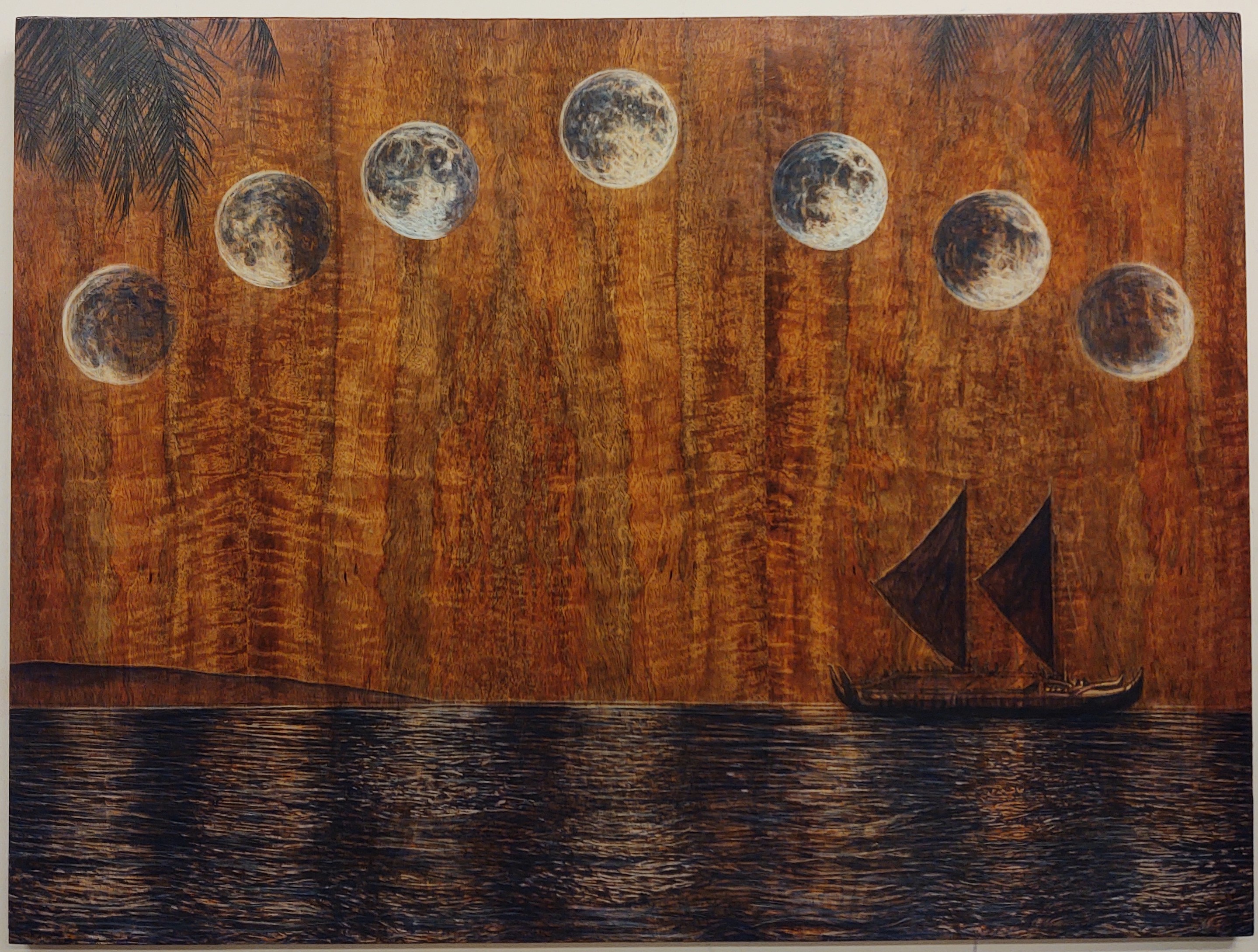 Hokulea w Moon Phases 36x48 Oil Pyro on Golden Mango by David