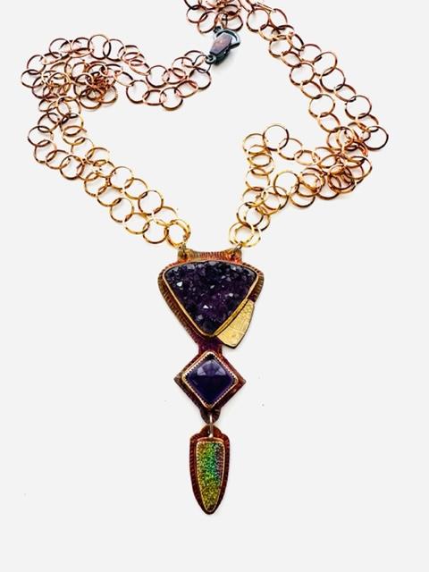 Sterling Silver, 18k Gold, Amethyst Crystals, and Rainbow Pyrite Druzy Necklace