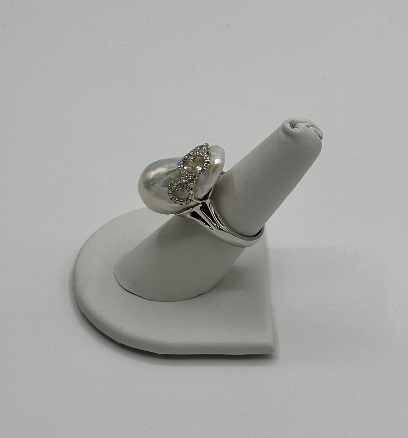 Extremely Baroque, High Luster, White Pearl Ring with Diamonds. 18 Karat White Gold