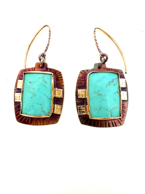 Image of Sterling Silver, Fine Silver Bezels, 18k Gold, and Kingman Mine Turquoise from the 70's Earrings with French Hooks by Julie Shaw