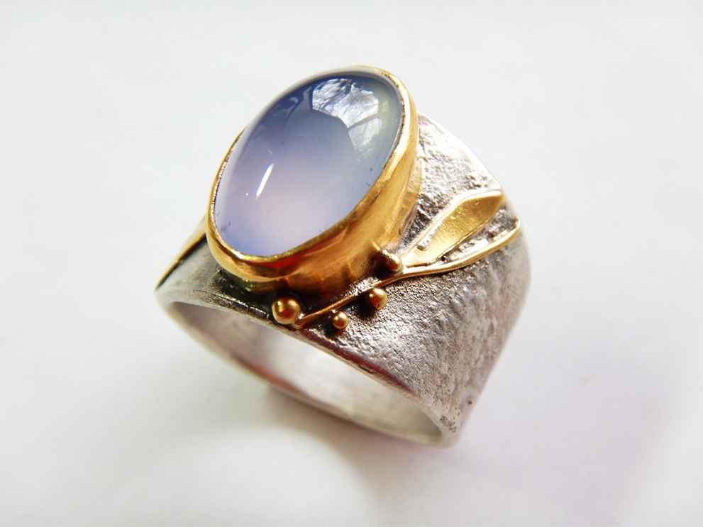 Sterling, 22k Gold and Botany Blue Chalcedony Ring, size 7 1/2