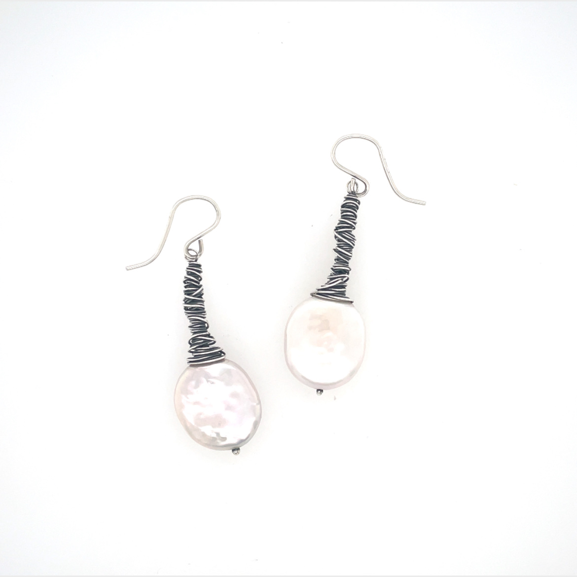 Large White Baroque Pearl and Oxidized Sterling Earrings