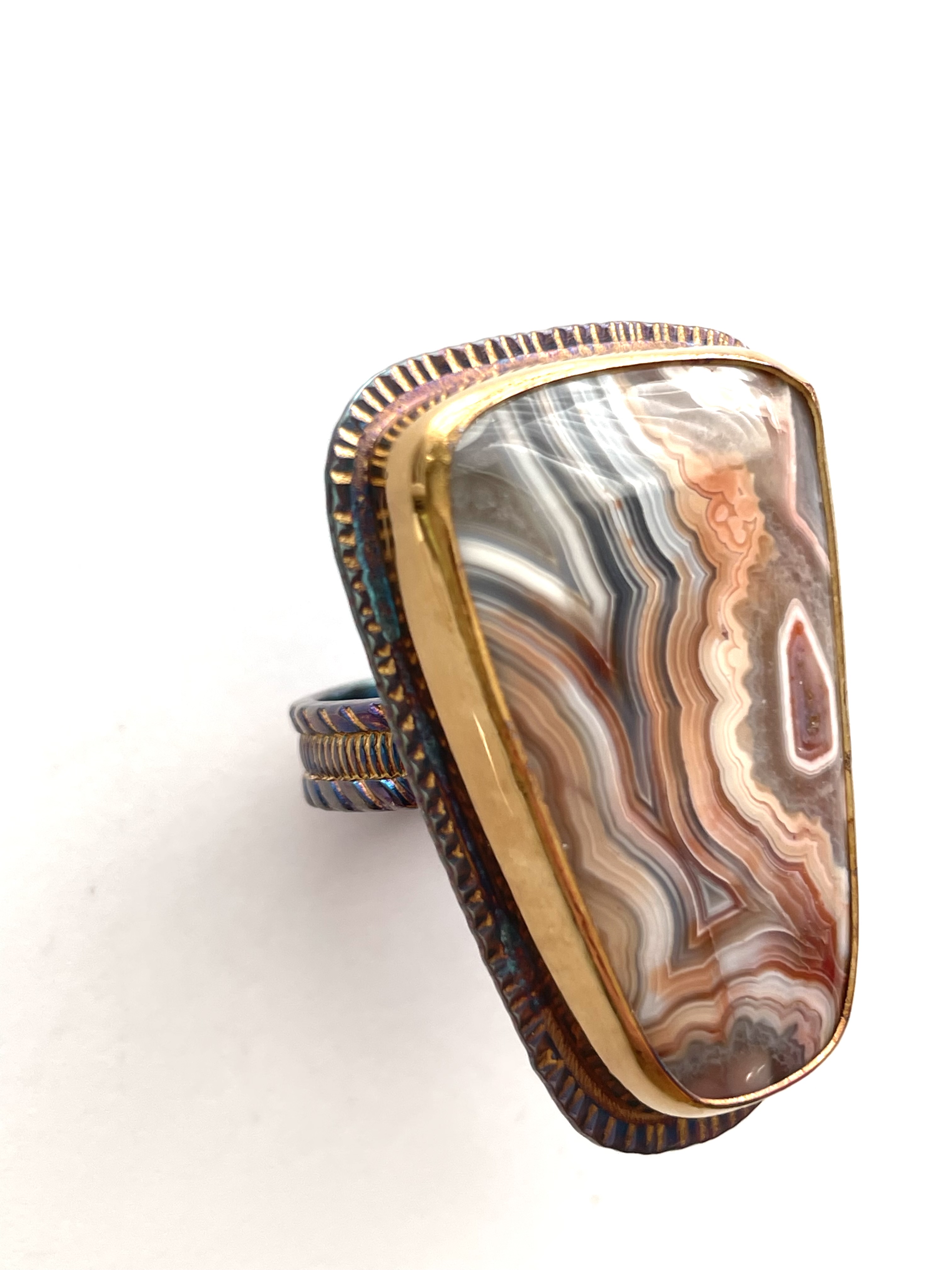 Sterling Silver, 18k Gold, and Lace Agate Ring ~ Size 7